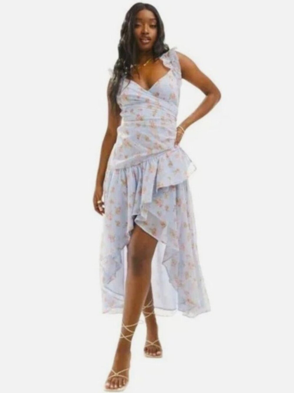 NWT Medium Abercrombie & Fitch Blue Floral Ruffle High Low Dress Pink Flowers